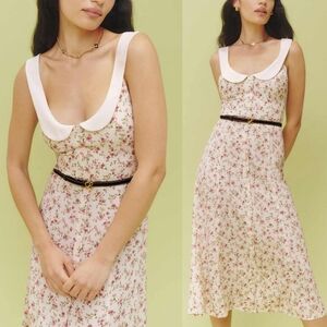 Reformation Charlie Midi Dress White Floral Ruffle Peter Pan Collar Size 2 XS